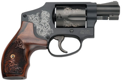 S&W Model 442 Revolver 150785, 38 Spl +P, 1.88", Engraved Wood Grip, Engraved Black Aluminum J-Frame, 5 Rds
