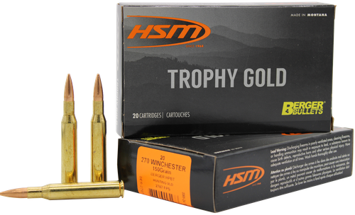 HSM Trophy Gold Rifle Ammunition 270150VLD, 270 Winchester, Berger Hunting VLD, 150 GR, 3048 fps, 20 Rd/bx