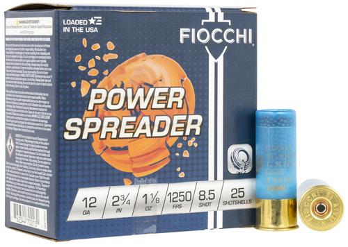 Fiocchi Power Spreader Shotshells 12SSCX85, 12 Gauge, 2-3/4", 1-1/8 oz, 1250 fps, #8.5 Lead Shot, 25 Rds/Bx