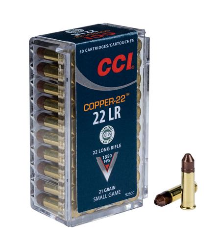 CCI Copper 22 Rimfire Ammunition 925CC, 22 LR, Solid Copper, 21 GR, 1850 fps, 50 Rd/bx