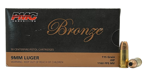 PMC Bronze Line Pistol Ammunition 9B, 9mm, Jacketed Hollow Point (JHP), 115 GR, 1160 fps, 50 Rd/bx