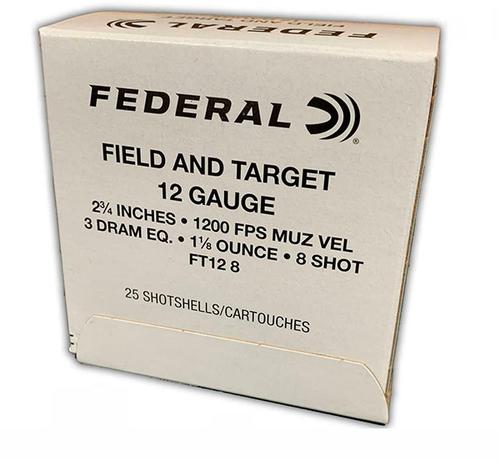 Federal Field & Target Shotshells FT128, 12 Gauge, 2-3/4 in, 1-1/8 oz, 1200 fps, #8 Shot, 25 Rd/bx
