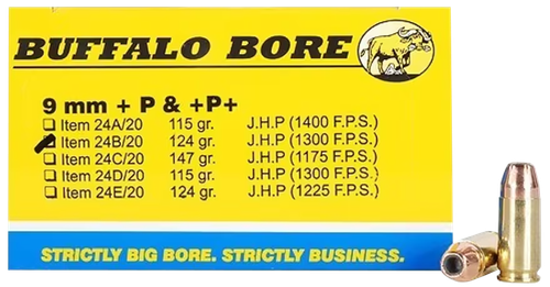 Buffalo Bore Handgun Ammunition 24B/20, 9mm Luger +P+, Jacketed Hollow Point (JHP), 124 GR, 1300 fps, 20 Rd/Bx