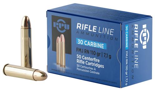 Prvi Partizan Rifle Ammunition PP30F, 30 Carbine, Full Metal Jacket Round Nose, 110 gr, 1990 fps, 50 Rd/Bx