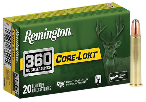 Remington Core-Lokt Rifle Ammunition R27742, 360 Buckhammer, Soft Point Core Lokt, 180 gr, 2400 fps, 20 Rd/Bx