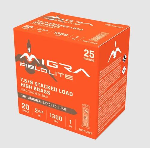 Migra High Brass Stacked Pheasant Shotshells, 20 Gauge, 2 3/4", 1 1/4 oz, 1350 fps, 4/6 Shot, 25 Rd/bx