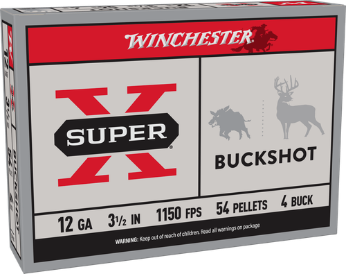 Winchester Super X Buckshot XB12L4, 12 Gauge, 3-1/2", 54 Pellets, 1150 fps, #4 Buffered Lead Buckshot, 5 Rd/bx