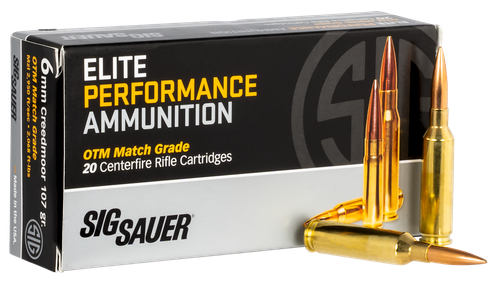 Sig Sauer Elite Match Grade Rifle Ammunition E6MMCM220, 6mm Creedmoor, Open Tip Match, 107 gr, 2950 fps, 20 Rd/Bx