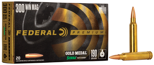 Federal Premium Gold Medal Rifle Ammunition GM300WM, 300 Winchester Mag, Sierra MatchKing BTHP, 190 GR, 2900 fps, 20 Rd/bx