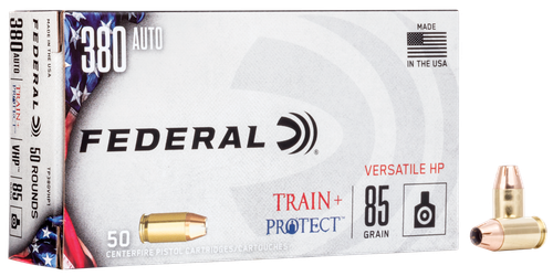 Federal Train & Protect Pistol Ammunition TP380VHP1, 380 ACP, Verstile Hollow Point (VHP), 85 GR, 1000 fps, 50 Rd/Bx