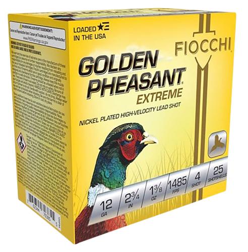 Fiocchi Golden Pheasant 12GPX4, 12 Gauge, 2-3/4", 1-3/8 oz, 1485 fps, #4 Nickel-Plated Lead Shot, 25 Rds/Bx