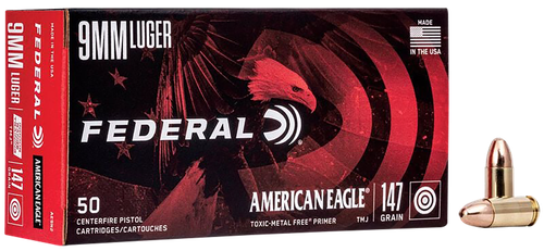 Federal American Eagle Pistol Ammunition AE9N2, 9mm, Total Metal Jacket (TMJ), 147 GR, 960 fps, 50 Rd/bx