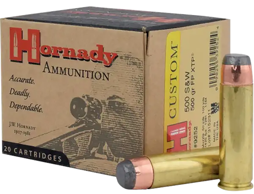 Hornady Custom Handgun Ammunition 9252, 500 S&W, XTP Flat Point, 500 GR, 1425 fps, 20 Rd/bx