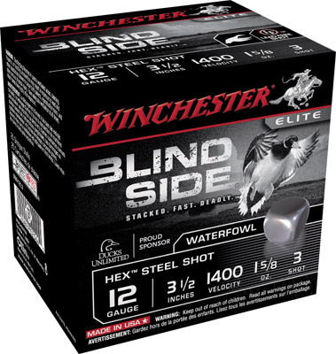 Winchester Blind Side Steel ShotShells, 12 Gauge, 3.5 in, 1-5/8 oz, 1400 fps, #3 Steel Shot, 25 Rds/Bx