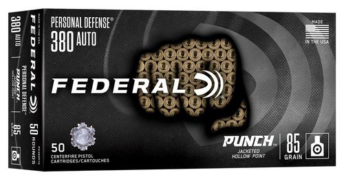 Federal Cartridge Punch Pistol Ammunition PD380P1G, 380 ACP, Jacketed Hollow Point (JHP), 85 GR, 1000 fps, 50 Rd/bx