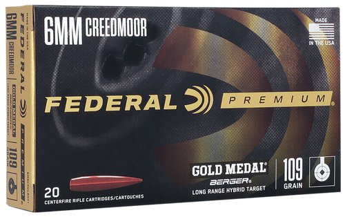 Federal Premium Gold Medal Rifle Ammunition GM6CRDLRHT1, 6mm Creedmoor, Berger Long Range Hybrid Target, 109 gr, 2975 fps, 20 Rd/Bx