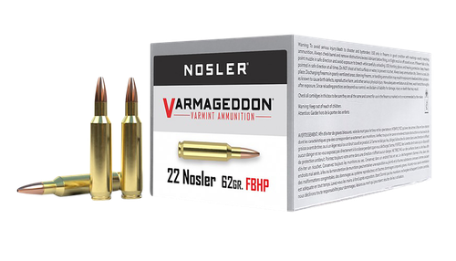 Nosler Varmageddon Rifle Ammunition 65180, 22 Nosler, Flat Base Hollow Point, 62 gr, 3250 fps, 50 Rd/Bx
