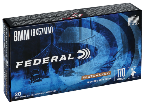 Federal Power Shok Rifle Ammunition 8A, 8mm Mauser, Soft Point (SP), 170 GR, 2360 fps, 20 Rd/bx