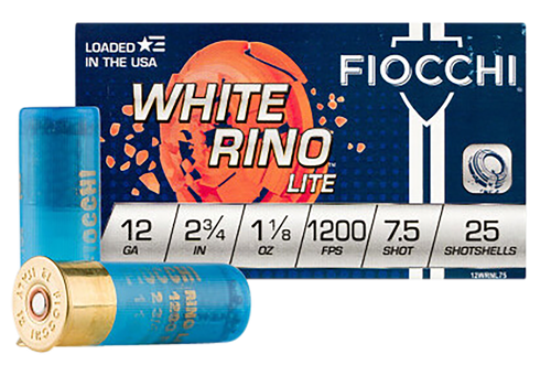 Fiocchi White Rino Lite Shotshells 12WRNL75, 12 Gauge, 2-3/4", 1-1/8 oz, 1200 fps, #7.5 Lead Shot, 25 Rd/bx