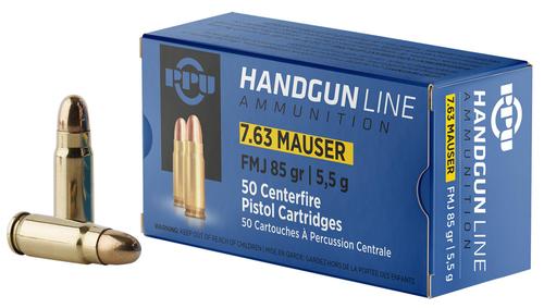 Prvi Partisan Pistol Ammunition, 7.63mm Mauser, Full Metal Jacket, 85 gr, 1510 fps, 50 Rd/Bx