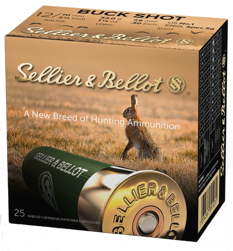 Sellier & Bellot Shotgun Ammuntion SB12BSF, 12 Gauge, 2-3/4", 12 Pellets, #1 Lead Buckshot, 25 Rd/bx