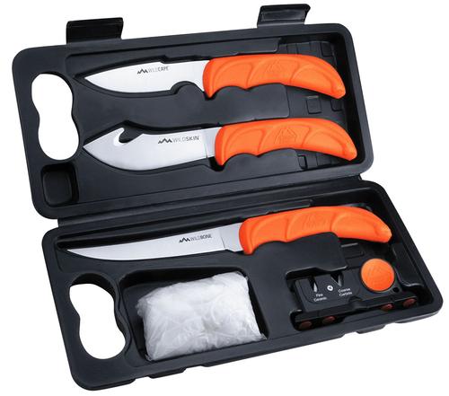 Outdoor Edge WildLite Game Processor Kit Fixed Boning/Caper/Skinner SS Blades, Blaze Orange Textured TPR Handles, 5 Pieces Includes Carry Case