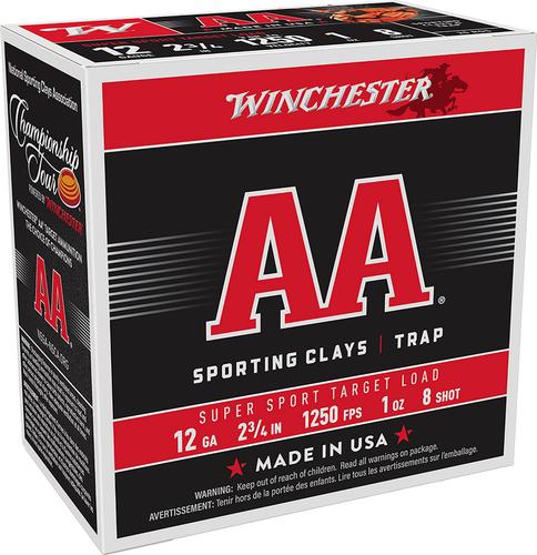 Winchester AA Sporting Clay Shotshells AASC12508, 12 Gauge, 2-3/4", 1 oz, 1250 fps, #8 Lead Shot, 25 Rds/box