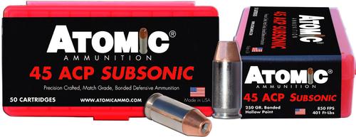 Atomic Subsonic Pistol Ammunition 00439, 45 ACP, Bonded Mathc HP, 250 GR, 850 fps, 50 Rds/Bx