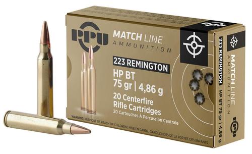 Prvi Partizan Rifle Ammunition PPM2232, 223 Remington, Hollow Point Boat Tail, 75 gr, 2720 fps, 20 Rd/Bx