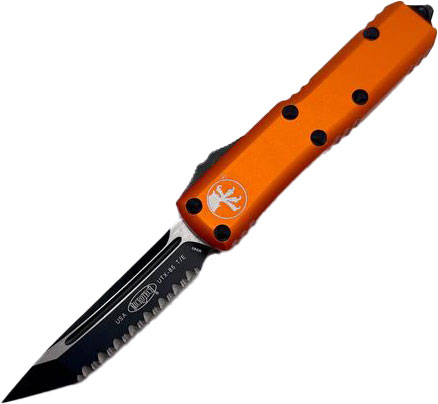 Microtech UTX-85 Automatic Out The Front Knife, Single Edge Fully Serrated Tanto Blade, Orange Handle (233-3OR)