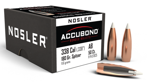 Nosler AccuBond 338 Caliber 180 Grain Spitzer 50/Box (57625), Not Loaded