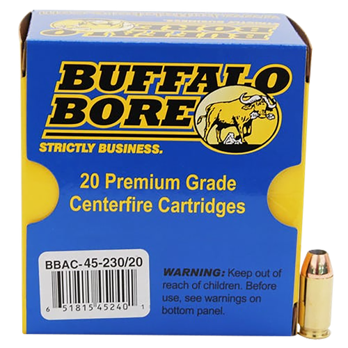 Buffalo Bore Handgun Ammunition 45-230/20, 45 ACP +P, Jacketed Hollow Point (JHP), 230 GR, 950 fps, 20 Rd/Bx