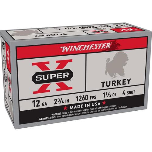 Winchester Super X Turkey Shotshells X12MT4, 12 Gauge, 2-3/4", 1-1/2 oz, 1260 fps, #4 Copper Plated Lead Shot, 10 Rd/bx