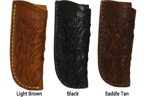A&M Leatherwork Handmade Case Trapper Knife Sheath, Black, Leaf Engraving (AMLW07LEBK)