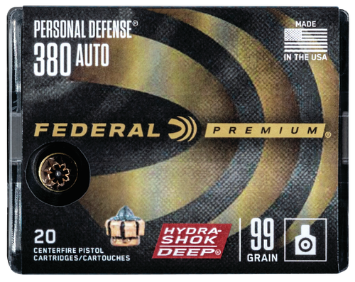 Federal Premium Personal Defense Pistol Ammunition P380HSD1, 380 ACP, Jacketed Hollow Point, 99 GR, 1000 fps, 20 Rd/bx