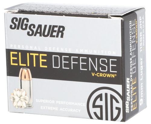 Sig Sauer Elite Performance Pistol Ammunition E9MMA1, 9mm, JHP V-Crown, 115 GR, 1185 fps, 20 Rd/bx