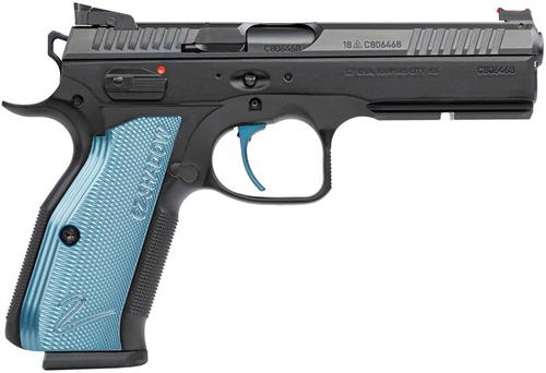 CZ Shadow 2 Pistol 91245, 9mm, 4.9", Thin Blue Aluminum Grips, Black Finish, 17 Rds
