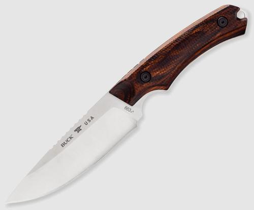 Buck Knives, 663 Alpha Guide Pro Knife, satin finish, drop point blade with jimping, brown leather sheath with Buck snap