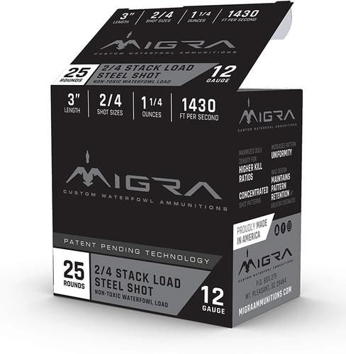 Migra Custom Waterfowl Shotshells M12S24, 12 Gauge, 3", 1 1/4oz, #2/4 Shot, 1430 fps, 25 Rds/Bx