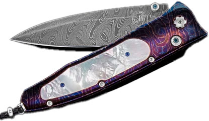 William Henry Gentac Blue Ocean Folding Knife, Wave Damascus Blade, Heat-colored Damascus and Mother of Pearl Handle (B30BLUEOCEAN