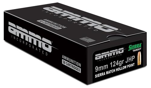 Ammo Inc Signature Pistol Ammunition 9124JHPSRR50, 9mm Luger, Sierra Match Jacket Hollow Point, 124 gr, 1050 fps, 50 Rd/Bx