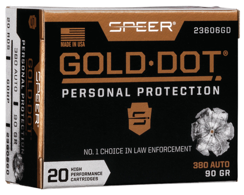 Speer Gold Dot Personal Protection Handgun Ammunition 23606GD, 380 ACP, Gold Dot HP, 90 GR, 1040 fps, 20 Rd/bx