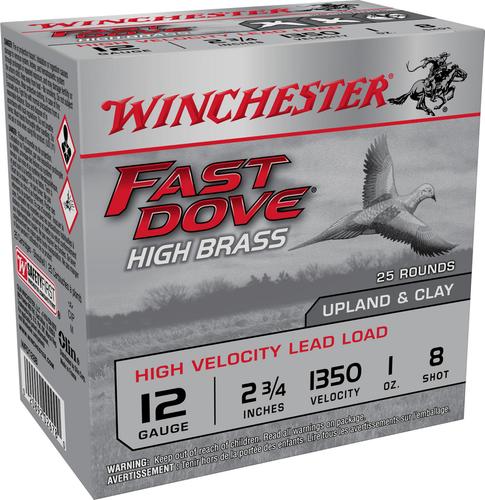 Winchester Fast Dove & Clay High Brass Shotshells WFD128B, 12 Gauge, 2-3/4", 1 oz, 1350 fps, #8 Lead Shot, 25 Rds/box