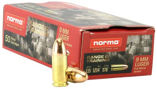 Norma Range & Training Pistol Ammunition 620340050, 9mm, FMJ, 124 Gr, 1214 fps, 50 Rd/Bx