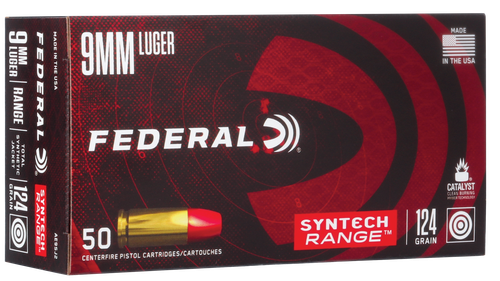 Federal American Eagle Syntech Pistol Ammunition AE9SJ2, 9mm Luger, Total Syntech Jacket, 124 GR, 1050 fps, 50 Rd/Bx