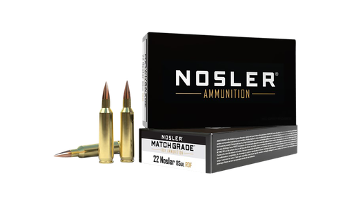 Nosler Match Grade Rifle Ammunition 60162, 22 Nosler, Hollow Point Boat Tail, 85 gr, 2750 fps, 20 Rd/Bx