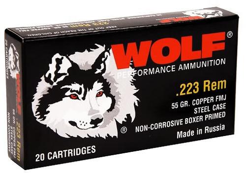 Wolf Performance Rifle Ammunition 22355FMJ, 223 Remington, Full Metal Jacket (FMJ), 55 GR, 3241 fps, 20 Rd/Box