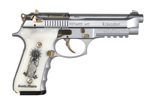 EAA Regard MC Liberador Pistol 391088, 9mm Luger, 4.90in, Pearl Engraved w/Santa Muerte, Chrome w/Gold Accents Finish, 18 Rds
