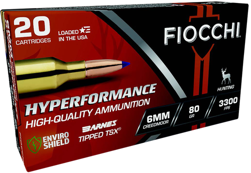 Fiocchi Hyperformance Rifle Ammunition 6CMTT, 6mm Creedmoor, Barnes Tipped TSX, 80 gr, 3300 fps, 20 Rd/Bx