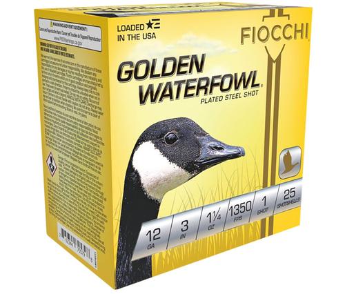 Fiocchi Golden WaterfowlShotshells 123SGW1, 12 Gauge, 3 in, 1-1/4 oz, 1400 fps, #1 Steel Shot, 25 Rds/Bx